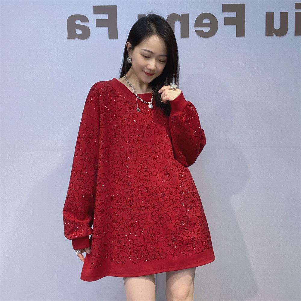 

Повседневный свитшот с круглым вырезом, средней длины, полностью украшенный бриллиантами, с длинными рукавами, для женщин, на осень и зиму, свободный, больших размеров One Size красный