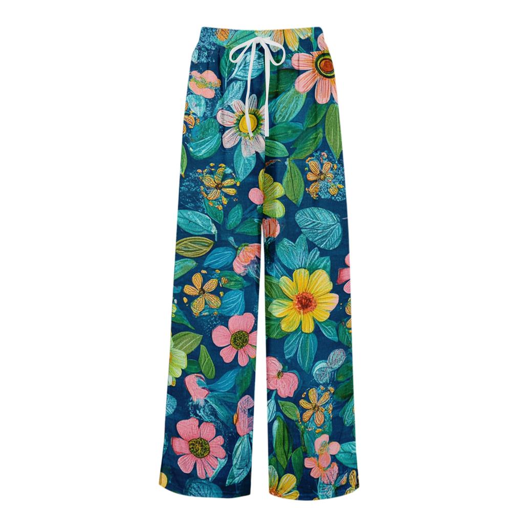 Women's Loose Casual Floral Print Wide Leg Pants With Elastic Waist Drawstring And Pocket Pants