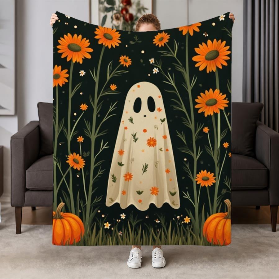 Whimsical Halloween Garden Ghost Sunflower Throw Blanket Plush Couch Cover For Spooky Fall Season Home Decor Gift