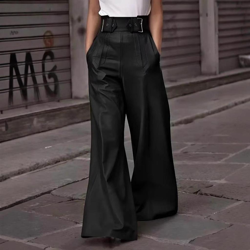 High Waist PU Leather Flare Pants with Waist-cinching & Pockets - 2025 Fashion