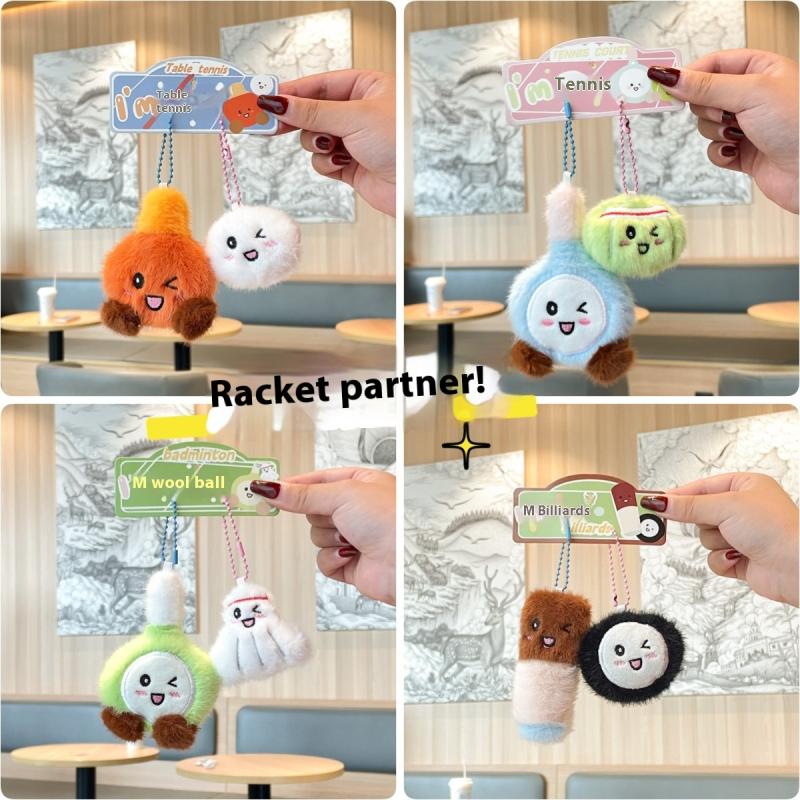 Cute Cartoon Badminton Table Tennis Billiards Racket Plush Keychain Car Key Holder Backpack Pendant Bag Decoration Accessories