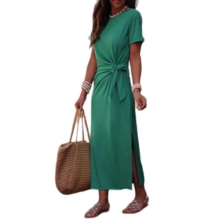 Women Summer Casual Long Dress Elegant Waist Tie Maxi Round Neck Short Sleeve