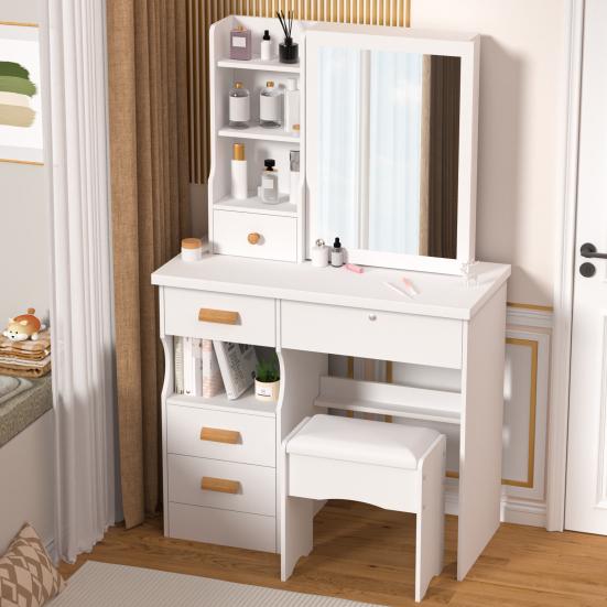 Vanity Desk with Sliding Mirror, Bedroom Dressing Table, Makeup Table with 5 Drawers & Shelves, Hidden Storage Space