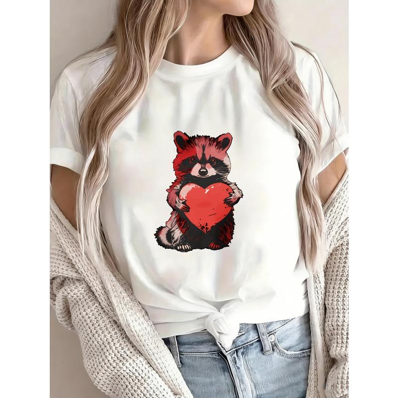 Cute Raccoon Holding Heart Graphic T Shirt White Animal Print Valentine Gift For Women Casual Wear