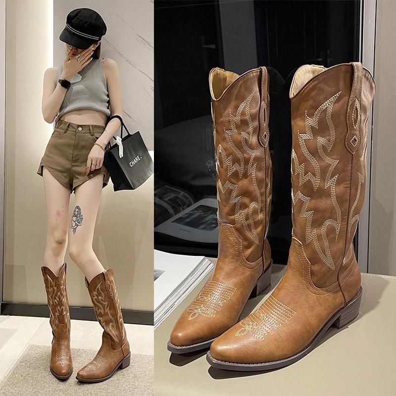 New Western Cowboy Boots Boots for Women Autumn Fashion Zip Embroidered Pointed Toe Shoes Chunky Heel Mid Calf Knight Boots