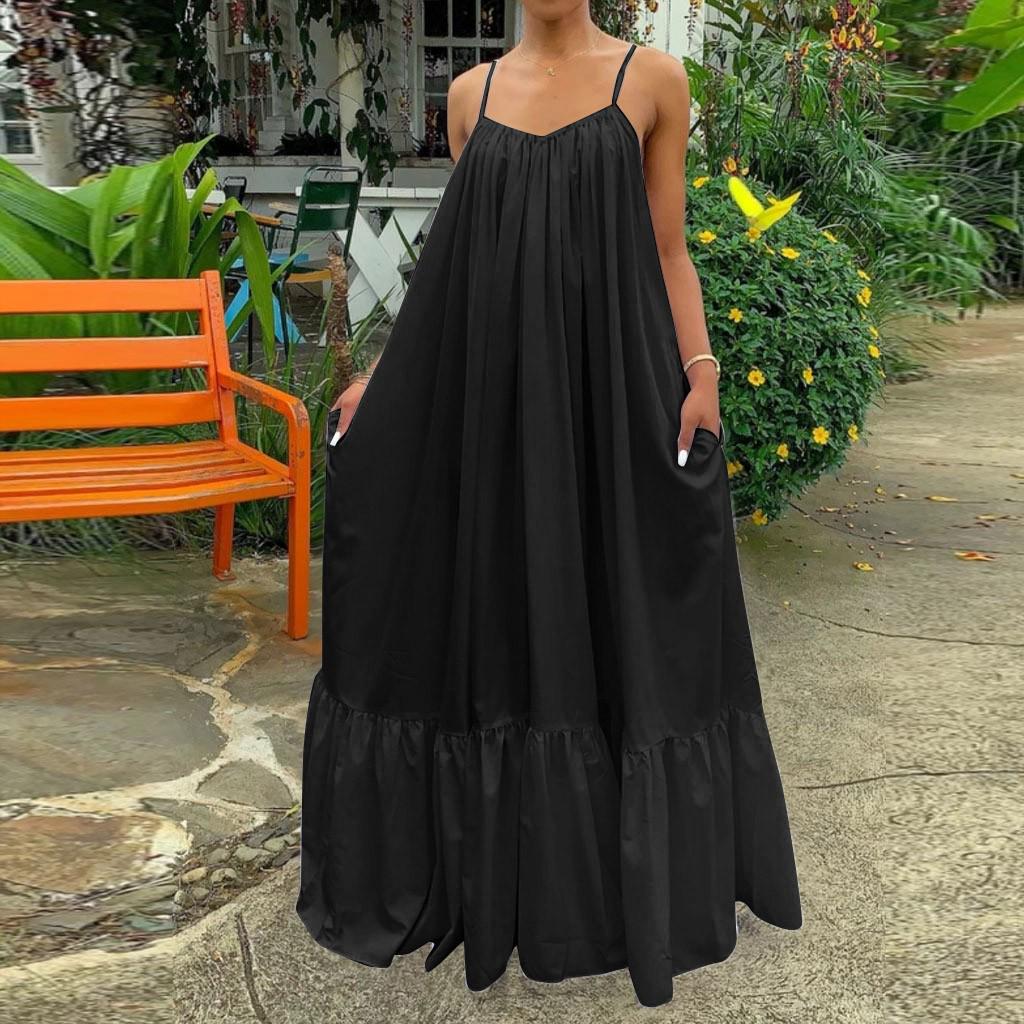 Women Fashion Casual Solid Strap Dress Pocket Loose Backless Big Swing Dress