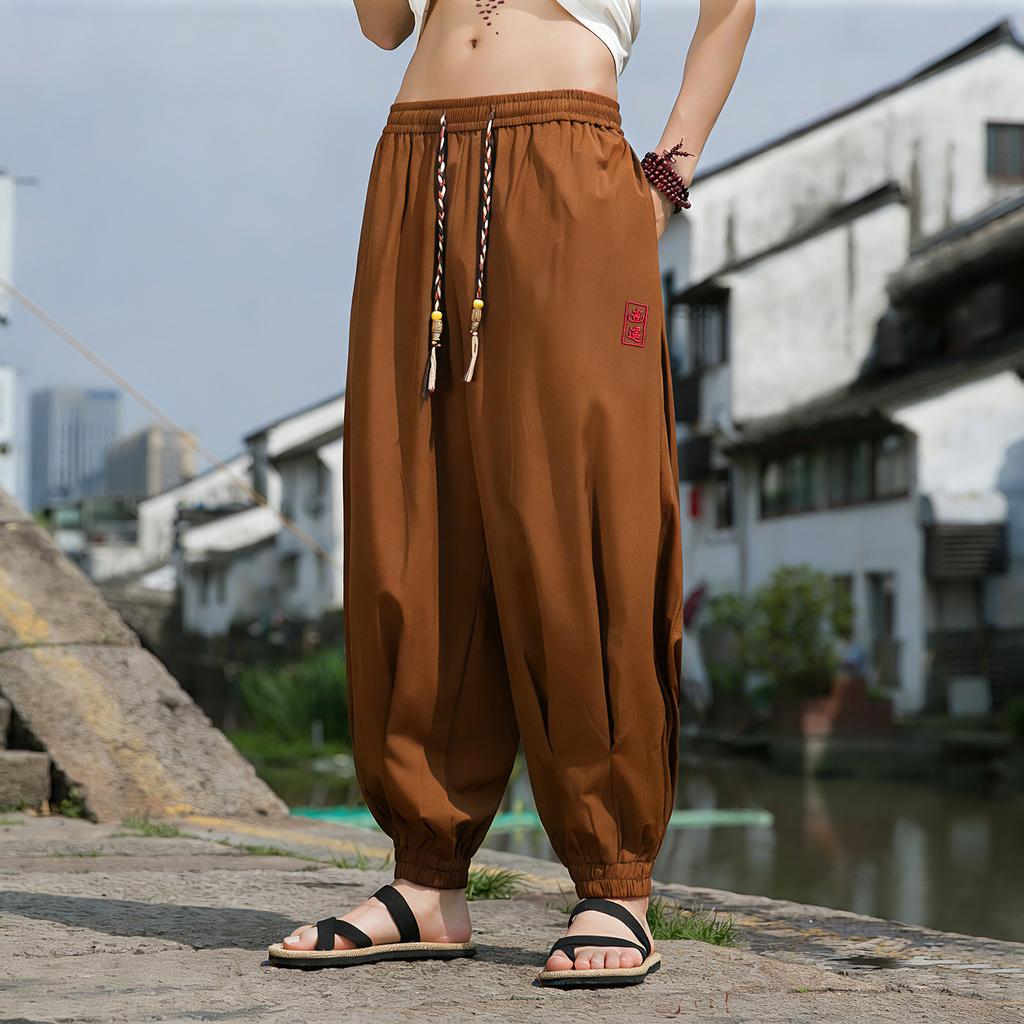 Chinese Style Beach Pants Men's Loose, Wide Leg, Leg Tied Cropped Pants
