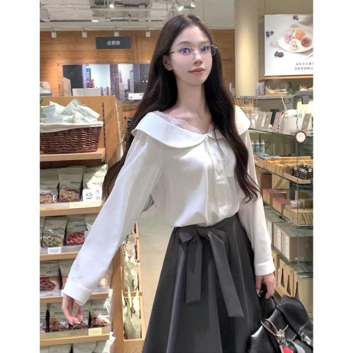 Women s Stylish Doll Collar Shirt & Skirt Set – Spring/Autumn 2026, Age-Defying Elegance L