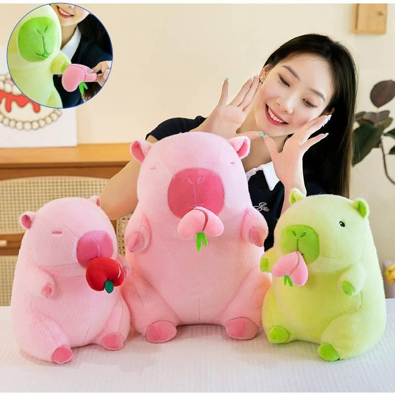 Adorable Peach Capybara Plush Toy Soft Pillow Doll In Green And Pink Colors