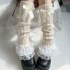 Cable Knit Leg Warmers Boot Cuffs with Bowknot Decorated Sweet Tiered Ruffled Lace Trim Leg Covers Calf Socks for Women