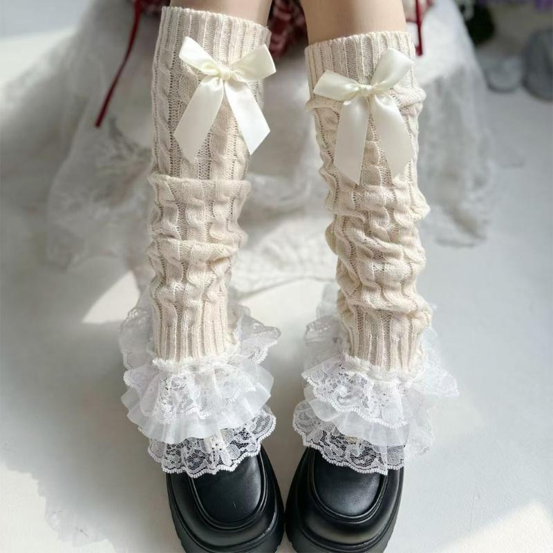 Cable Knit Leg Warmers Boot Cuffs with Bowknot Decorated Sweet Tiered Ruffled Lace Trim Leg Covers Calf Socks for Women