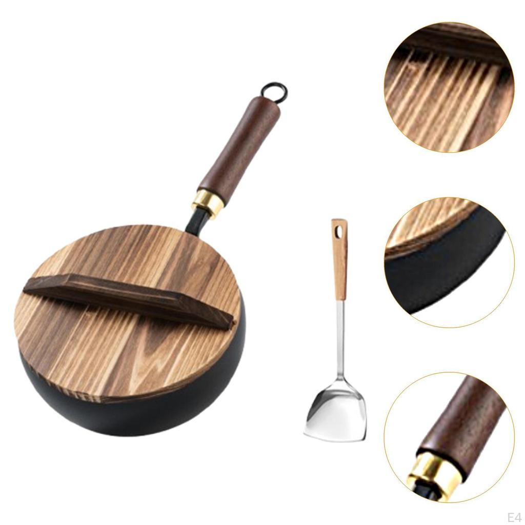 Kompaktowa patelnia do smażenia z drewnianą pokrywką do gotowania indukcyjnego i gazowego