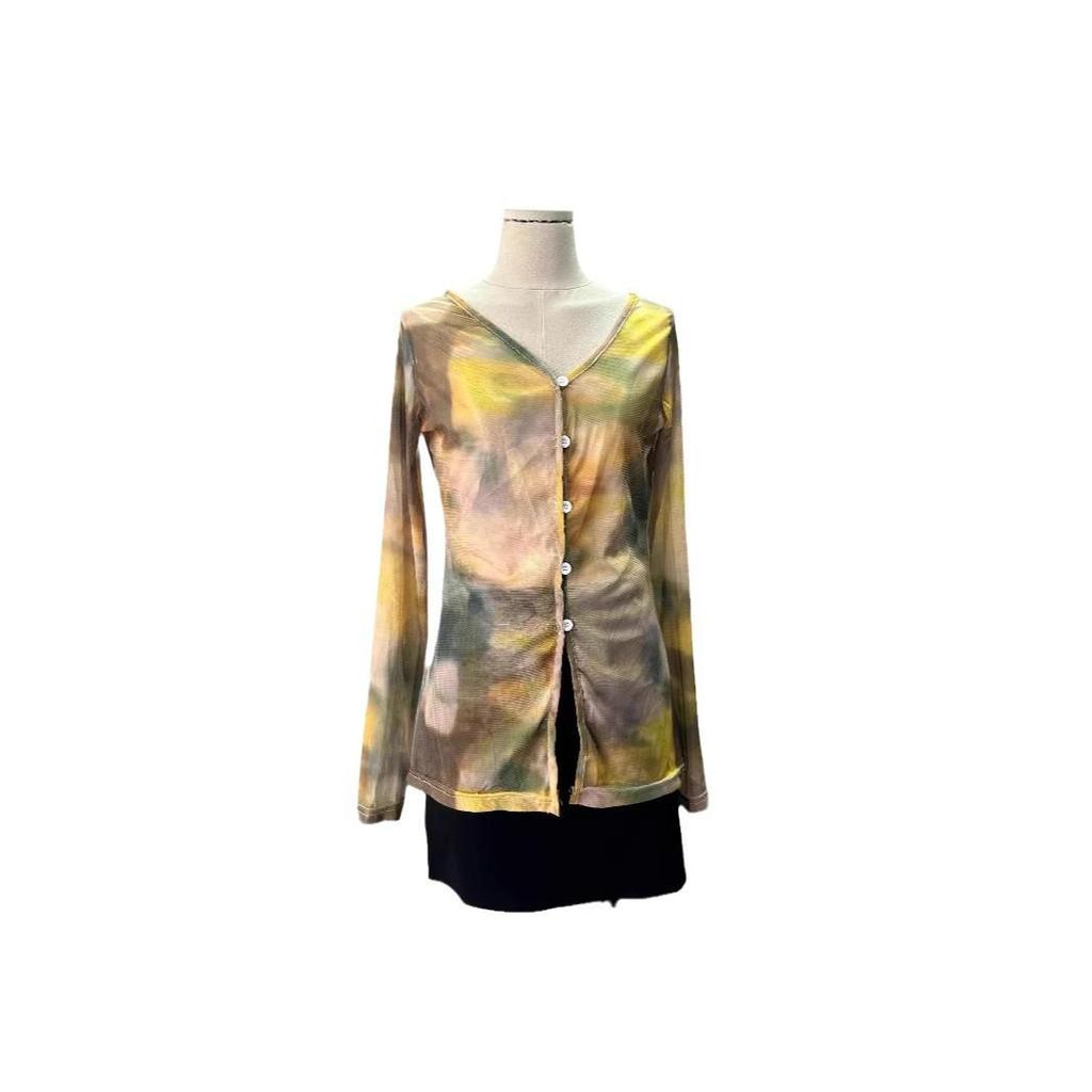 Chic Retro Tie-Dye V-Neck Mesh Sun Protection Cardigan with Stylish Long Sleeves