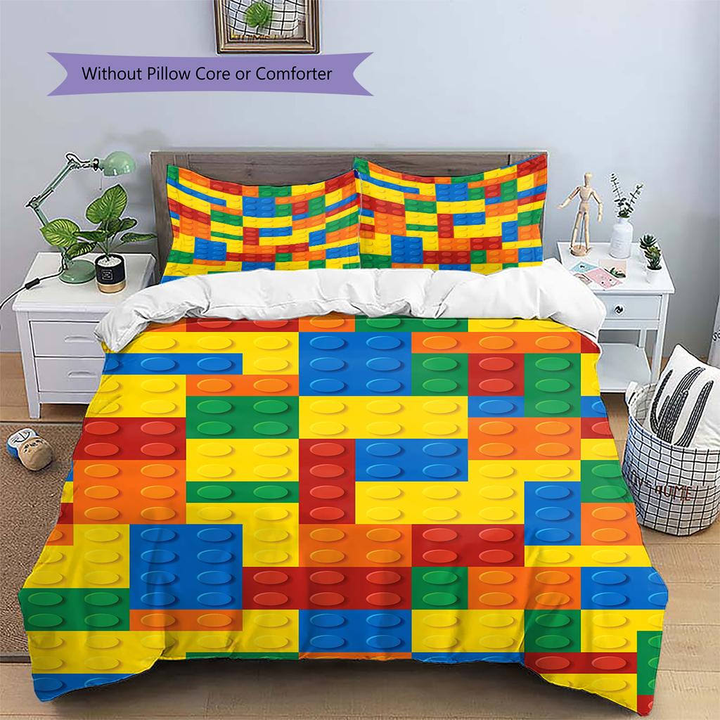 Building Blocks Pattern Bedding Quilt Set Quilt Cover Pillowcase Home Decoration Gift (1 * Duvet Cover + 2 * Pillowcase, Without Core)