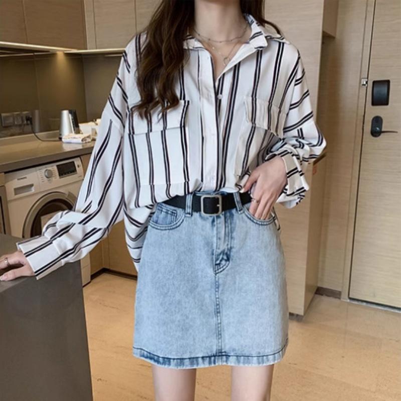 Korean Chic Loose Long Sleeved Striped Shirt for Women In Spring and Summer Slim and Medium Length Shirt Jacket