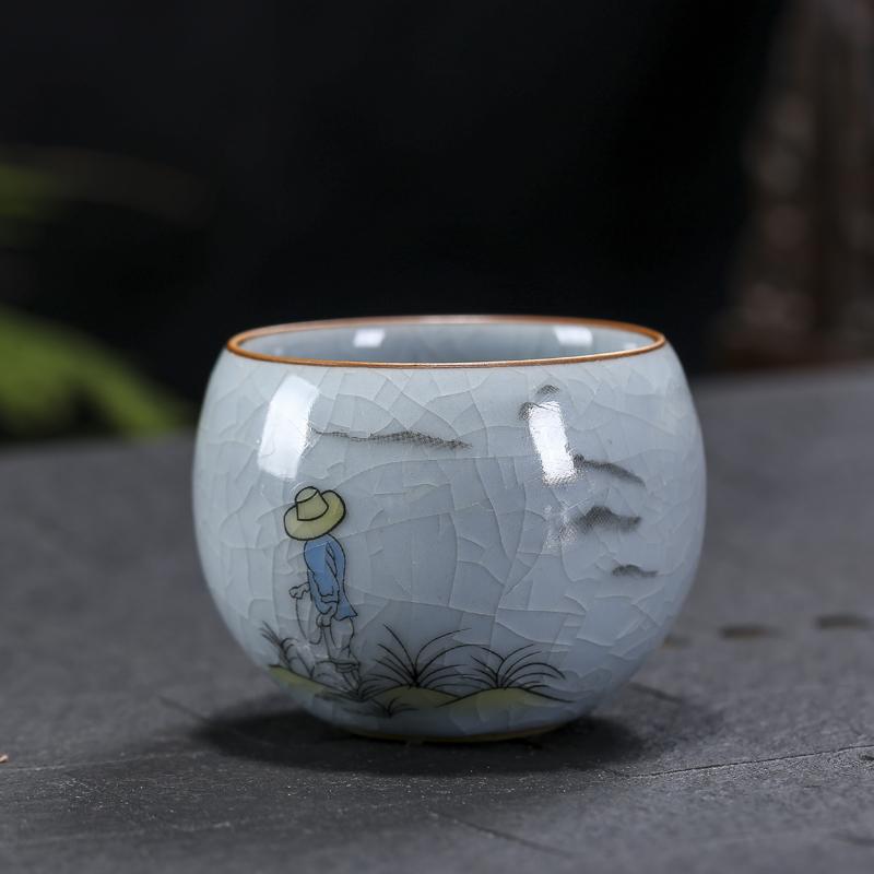 Boutique Ru Kiln Ceramic Teacup Hand Painted Flowers Meditation Cup Travel Tea Bowl Tie Guanyin Pu'er Master Cup Tea set Gifts