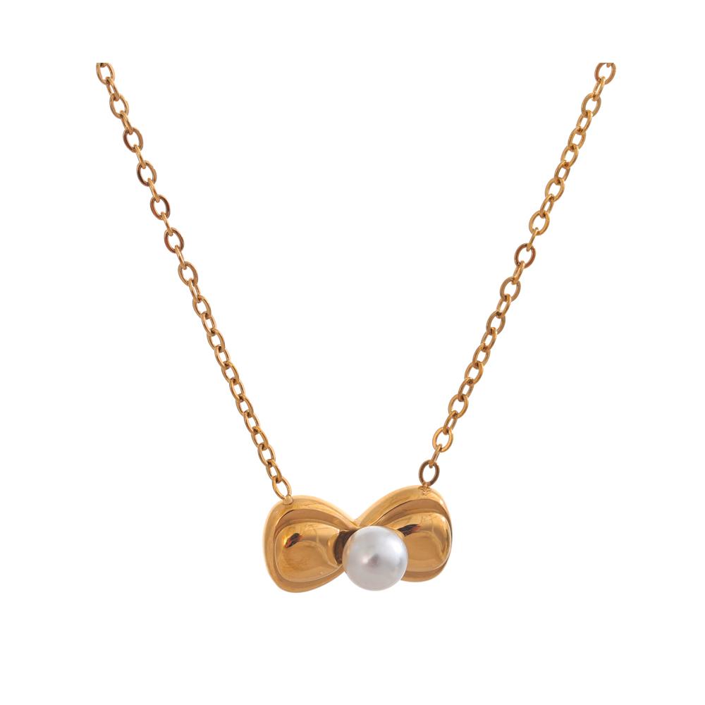 

Yhpup Stainless Steel Cute Bow Knot Imitation Pearl Golden Pendant Necklace Women Trendy Chic Sweet Collar Jewelry Bijoux