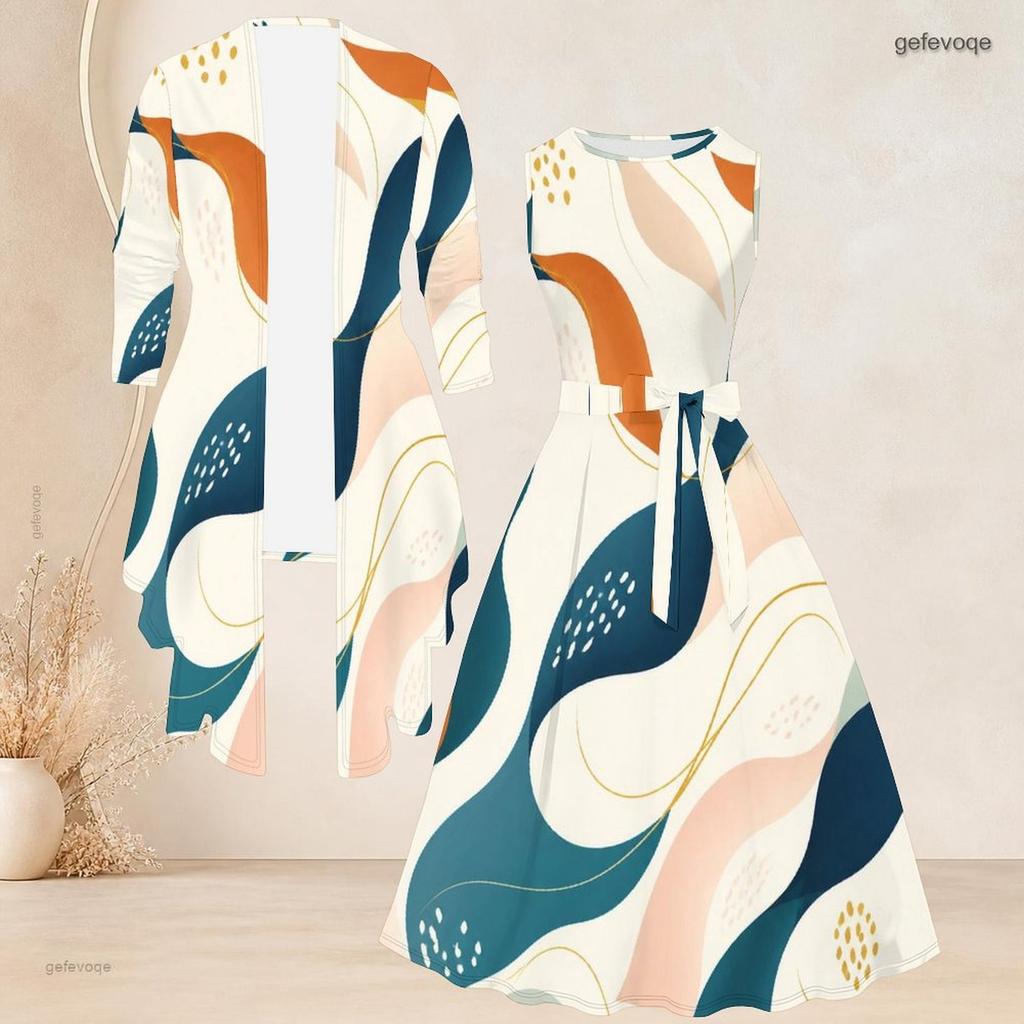 Women Plus Size Two Piece Set Printed 3 4 Sleeve Open Cardigan Sleeveless Round Neck Tie Waist Flared Dress