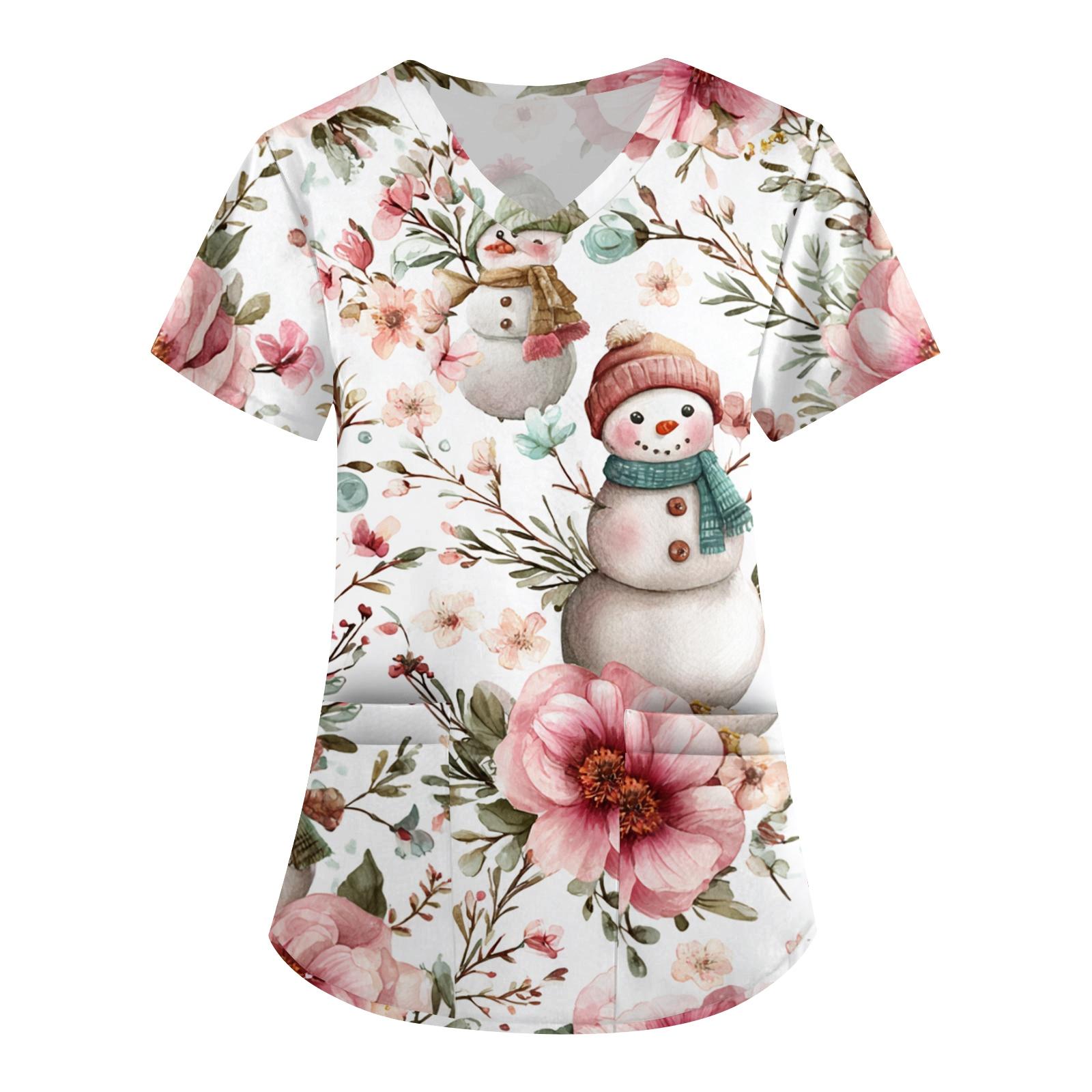 

Женская рабочая униформа с принтом, V-образный вырез, карманы, базовый короткий рукав, пуловер, топ XL белый