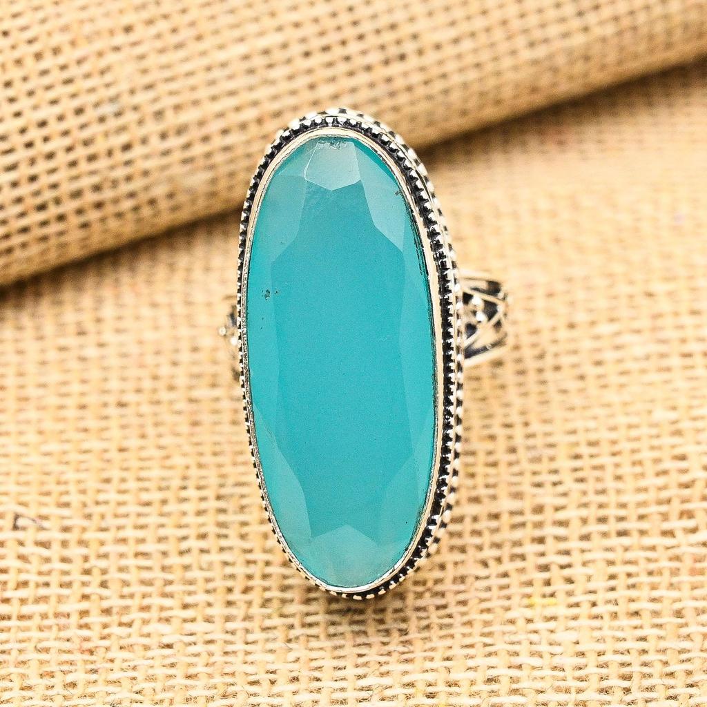 Blue Chalcedony Gemstone 925 Sterling Silver Handmade Antique Jewelry Gift For Mother