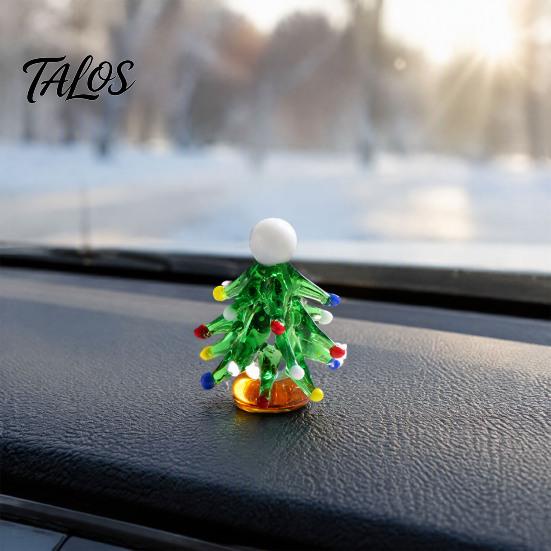 Rotating Interactive Christmas Decor Glass Tree Figurine with Ceramic Base, Handmade Glazed Miniature Holiday Table Centerpiece Ornament for