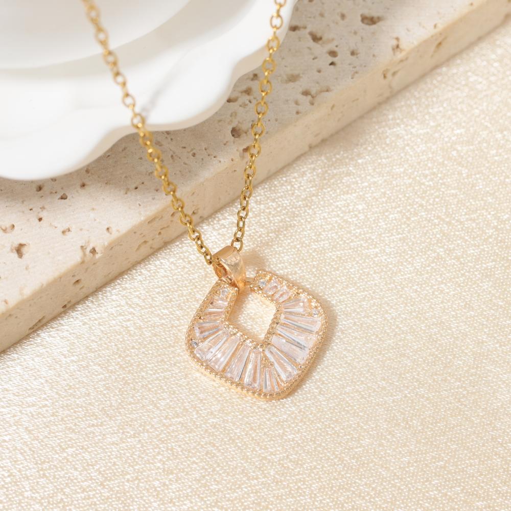 Hollow Square Zirconia Pendant Necklace, Golden Tone Elegant Jewelry for Women