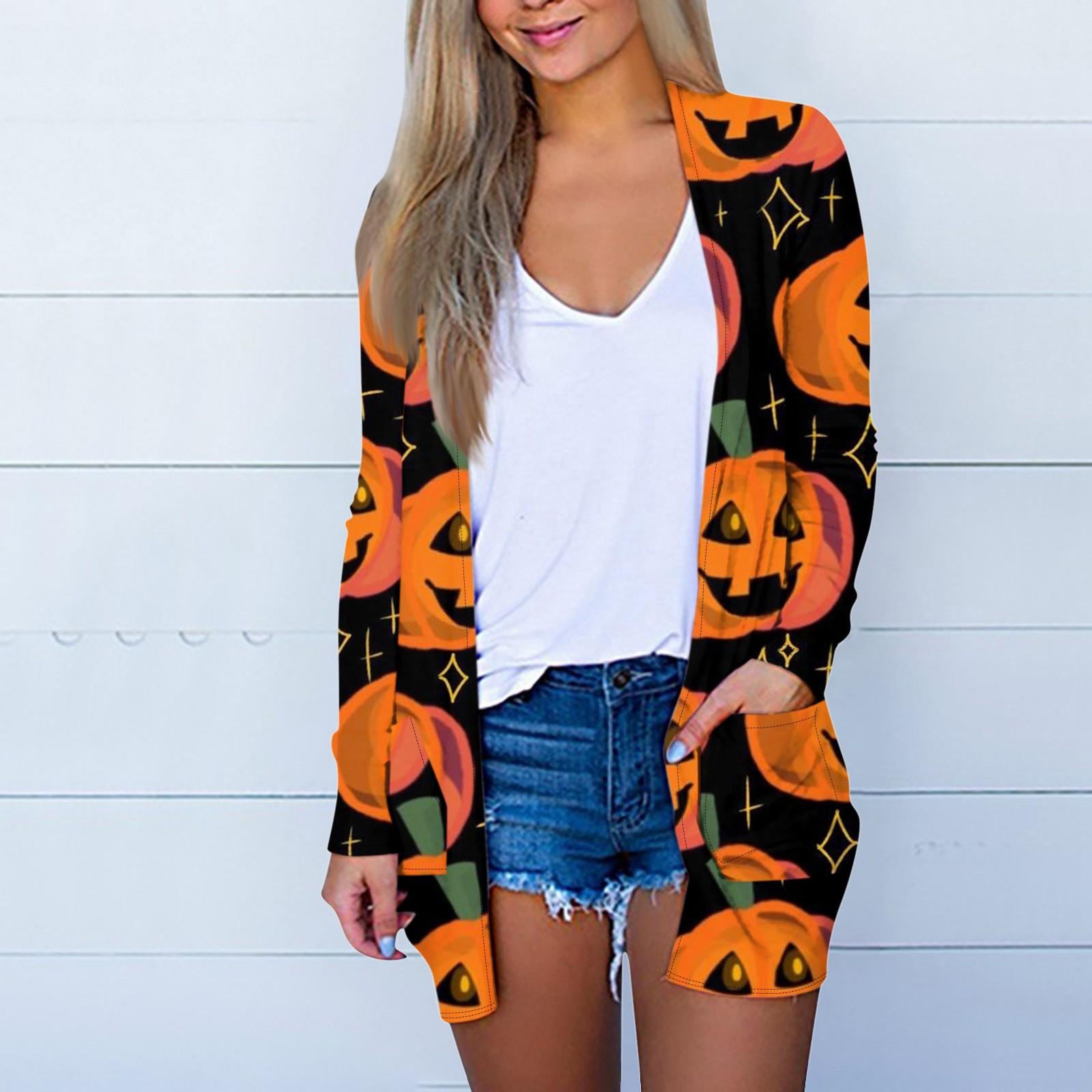 

Женская мода, повседневный кардиган с принтом на Хэллоуин, средней длины, куртка, пальто XL шафрановый