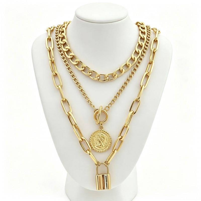 Luxury Style Womens Necklace Set 3-layer Round Pendant OT Clasp Fashion Jewelry