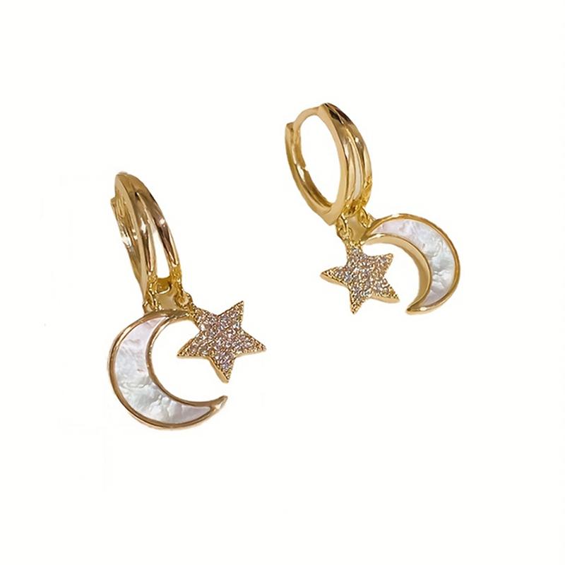Huitan Fancy Star Moon Drop Earrings for Women Gold Color Aesthetic Wedding Bridal Jewelry White Enamel Accessories Inlaid CZ