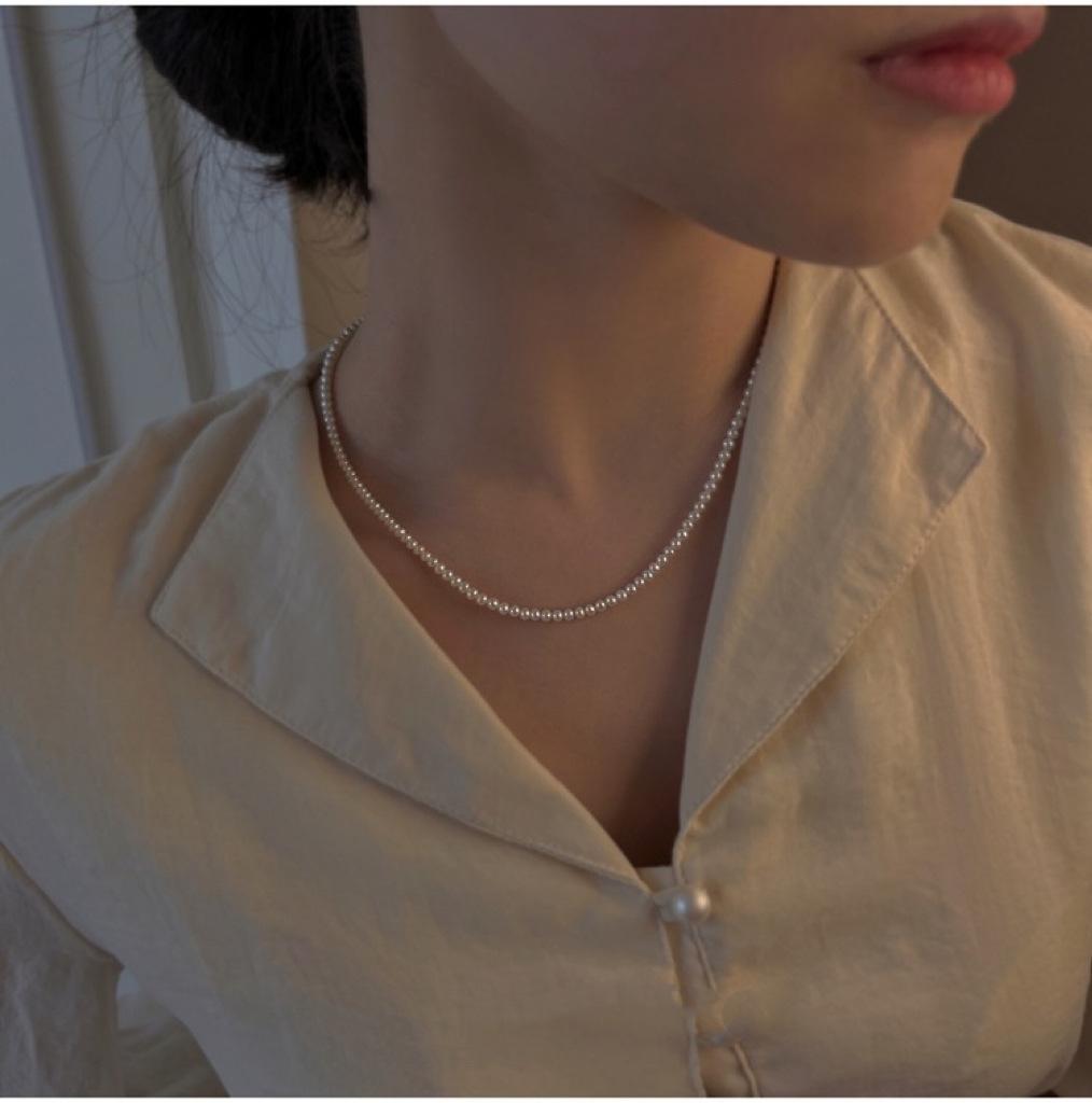 Near round strong light freshwater pearl necklace Extremely fine baby bead necklace Exquisite retro gentle neck chain