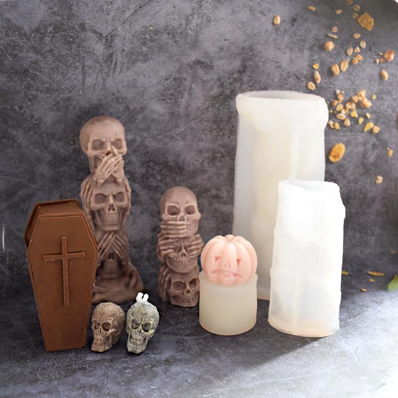 DIY Halloween Totenkopf & Kürbis Silikonform - 3-in-1 Geister-, Gesichts- und Sargkerzenornamente