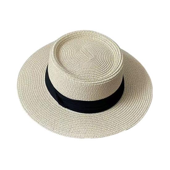 French Style Straw Hat with Large Brim Ribbon Decor Foldable Sun Protection Hat Summer Beach Travel Vacation Hat