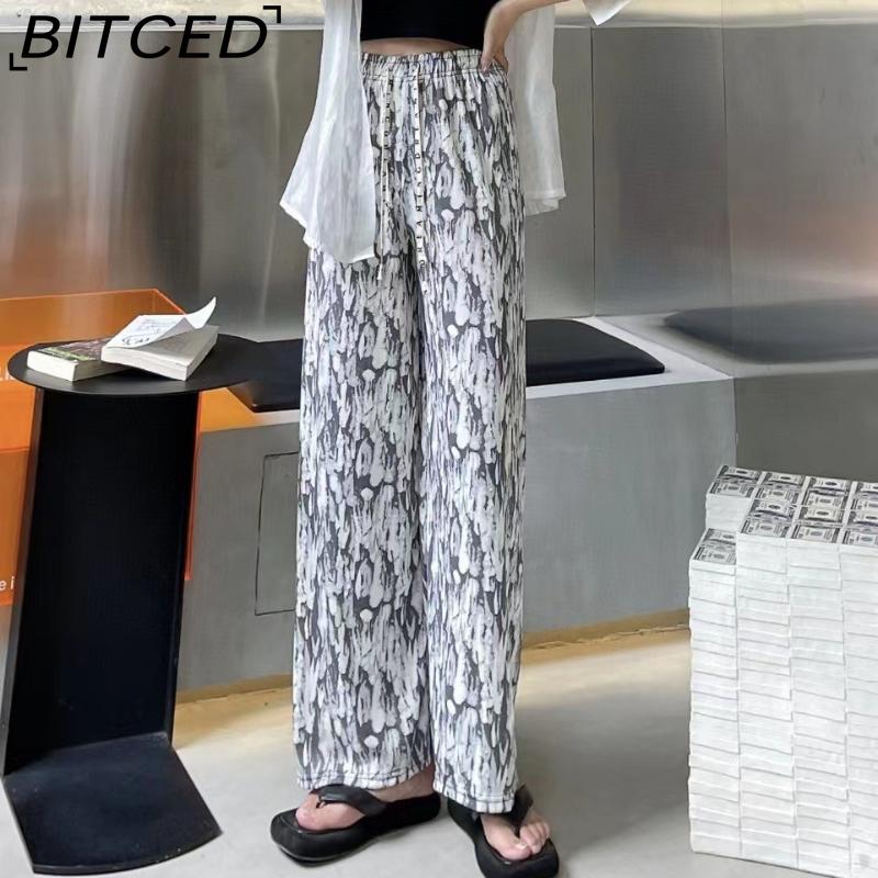 BITCED Vintage-Style Wide-Leg Trousers for Women Spring/Autumn Striped Tie-Dye High-Waisted Straight-Leg Casual Trousers with Drape
