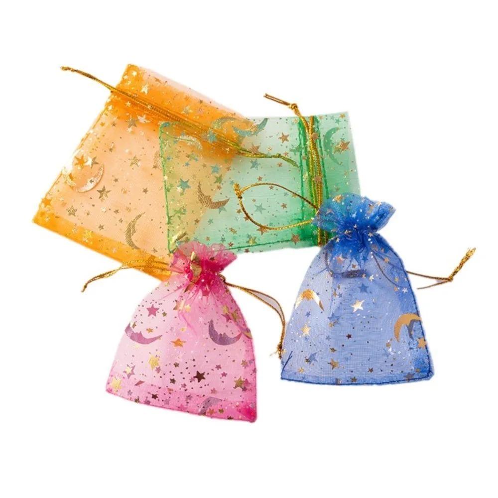 10pcs Organza Gift Bags Multicolor Moon & Star – Jewelry Pouches for Wedding, Party Favors, Candy, and Jewelry Packaging