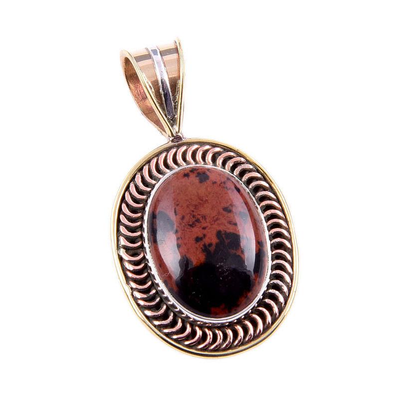 Natural Mahogany Obsidian Gemstone 925 Solid Silver Two Tone Pendant 1.5" W9q01