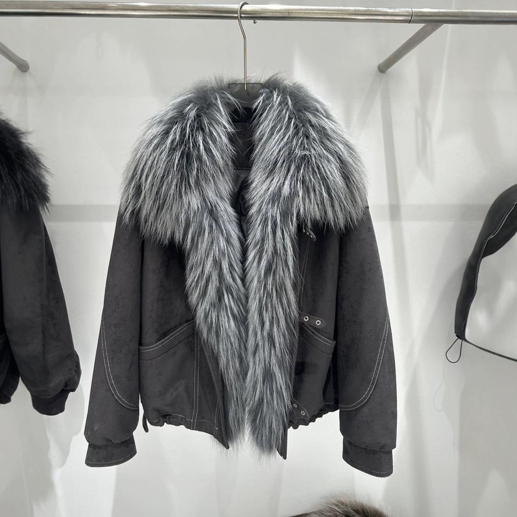 Winter new oversized natural real raccoon fur collar placket jacket women's retro versatile warm down jacket short