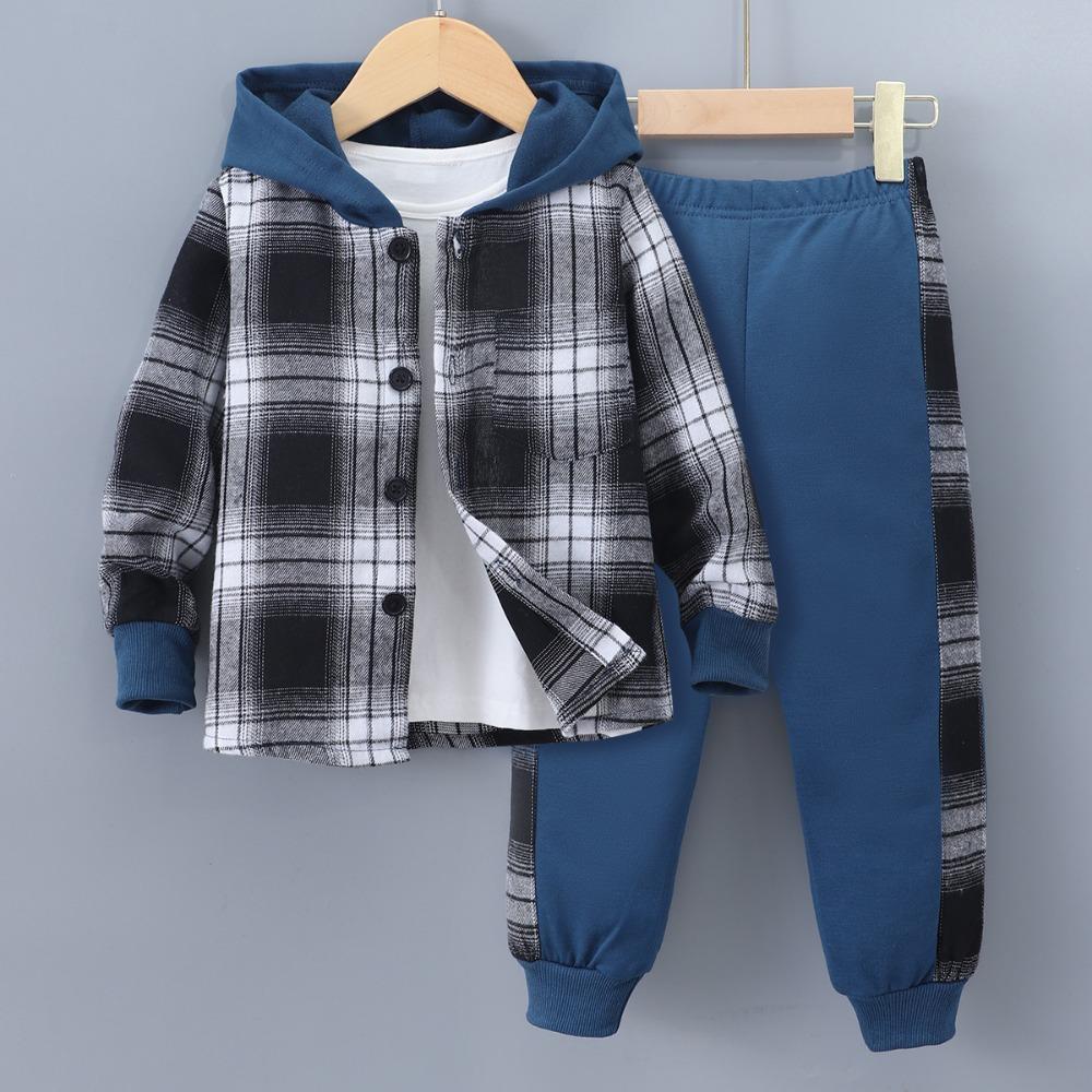 Kids Clothes Autumn/Winter Boys' Long-Sleeved Checkered Contrast-Colour Hooded Two-Piece Set (Top + Trousers)