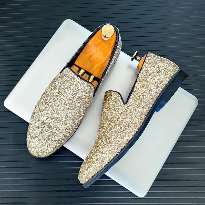 Luxury New Designer New Men's Gold Silver Glitter Sequin Loafers Casual Shoes Men Formal Wedding Dress Homecoming Shoes for Men