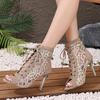Mesh Stiletto Sandals Summer New Round Toe Sequin Cloth Cutout Front Lace-Up Non-Slip High-Top Fish-Mouth Sandals