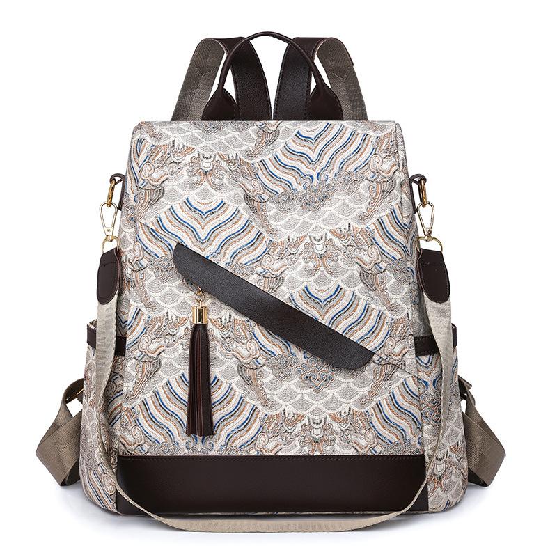 

Women s Print Backpack Large Capacity Anti-Theft Backpack Tassel Dual-Purpose Shoulder Bag бежевый