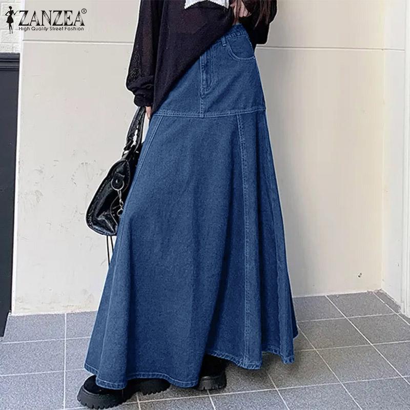 

Женская однотонная свободная джинсовая юбка трапециевидной формы с завышенной талией и карманами в стиле пэчворк S светло-синий