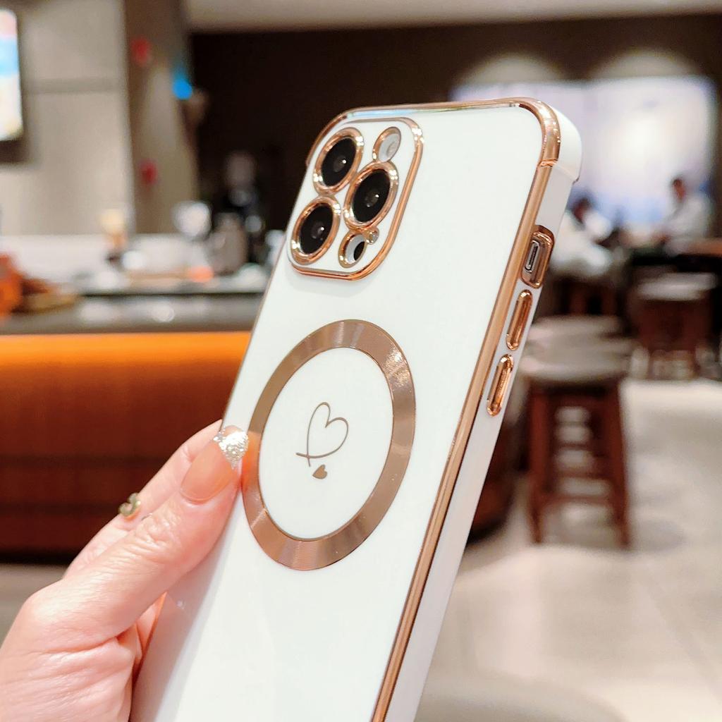For iPhone 14 Pro Case Compatible with MagSafe Electroplated TPU Phone Cover Hollow Love Hearts