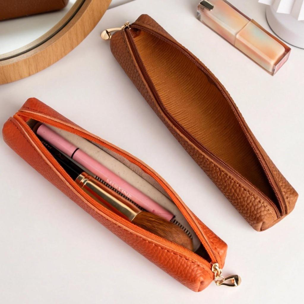 Slim Pencil Case Waterproof Lychee Grain Pu Leather Cosmetic Pouch Portable Makeup Bag For Lipstick Makeup Brushes Pen Bag