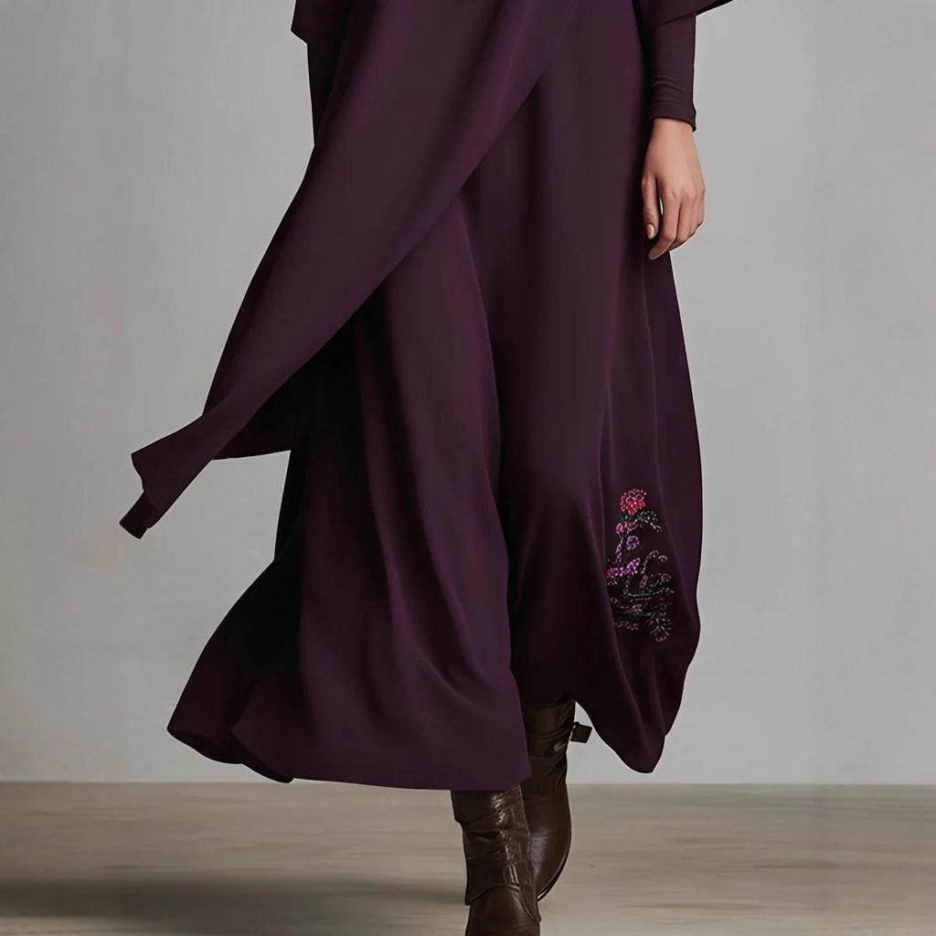 Women's European & American Embroidered Solid Color Long Sleeve Loose Autumn Dress Skirt