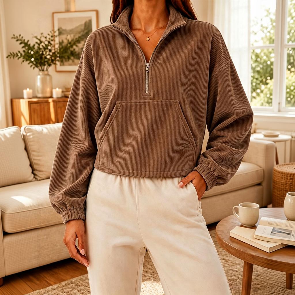 Women's Fashion Color Half-Zip Mock Neck Long Sleeve Sweatshirt with Pockets