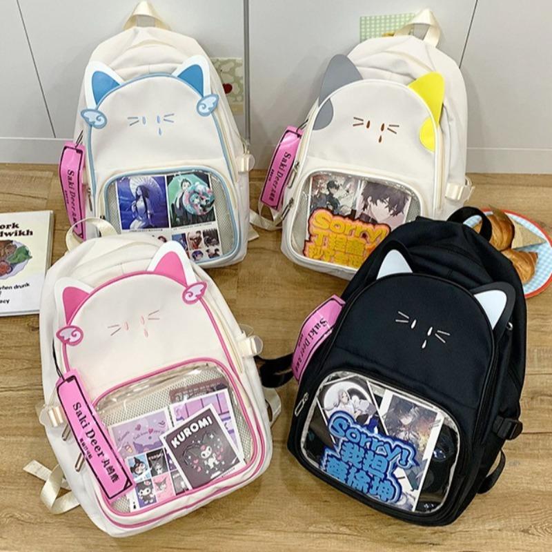 Cute Hit Color Cat Embroidery Ita Mochila High Capacity Mochilas Student Backpack School Bag Transparent Bags for Woman
