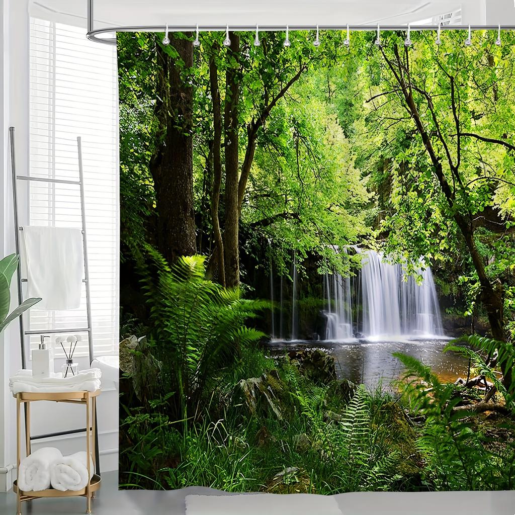 Transform Your Bathroom with this Waterproof Shower Curtain Featuring a Lush Forest Waterfall for a Relaxing Ambiance
