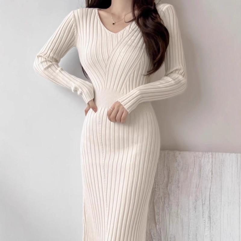 Womens V-Neck Long Sleeve Knit Midi Dress Winter Slim Fit High Waist Bodycon Sweater