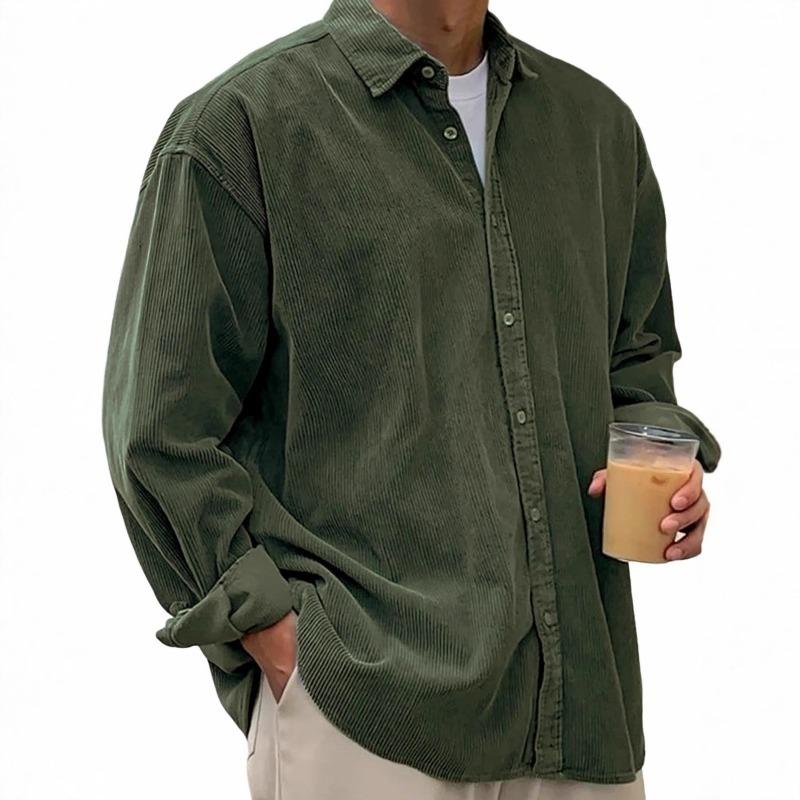 Men's Solid Color Corduroy Button Down Shirt, Loose Fit Lapel Casual Long Sleeve Shirt