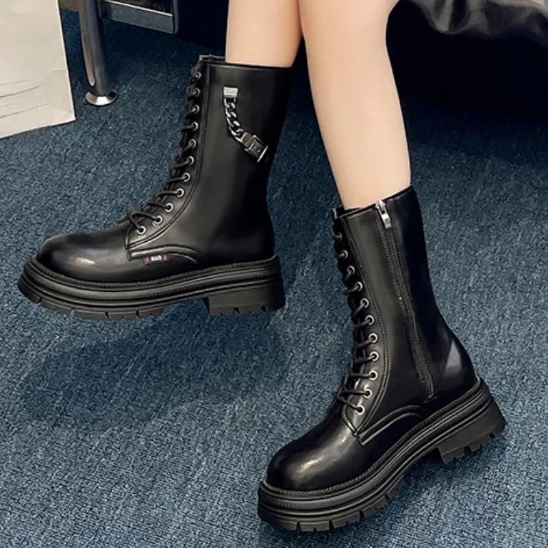 Fashion Ladies Shoes 2024 High Quality Side Zipper Women's Boots Fashion Cross Lacing Office and Career New The Chain Mid-Calf Boots